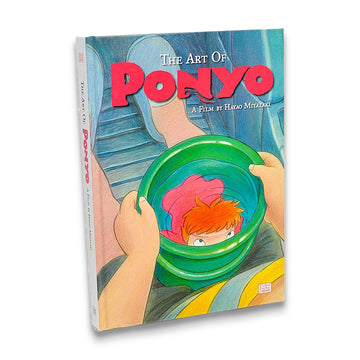 The cover of 'The Art of Ponyo' book featuring illustrations related to the anime film Ponyo, with a person holding a bowl with an animated character inside.